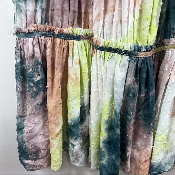 Babydoll Tie Dyed Easel Swiss Dot Tiered Mini Dress Small Boho Hippie Cottage - Picture 6 of 14